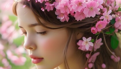 Wall Mural - Springtime portrait of a youthful girl adorned with pink flowers in her hair, capturing the beauty of Easter celebrations and the essence of seasonal renewal.