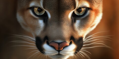 Wall Mural - Warm-toned ultra-close macro shot of a puma's face with sharp focus on its eyes