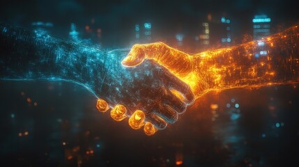 two glowing hands, one blue and one orange, shake hands in the middle of a dark background with city