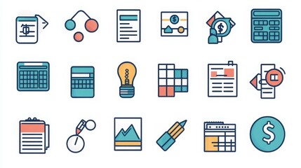 Wall Mural - Budgeting thin line icon set. Containing budget plan, expense tracking, income allocation, financial goal, savings target, monthly budget, yearly budget, cost cutting, budget calculator