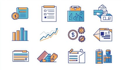 Wall Mural - Corporate Finance thin line icon set. Containing corporate budget, financial report, profit margin, earnings, revenue, expenses, corporate tax, dividend distribution, capital budgeting