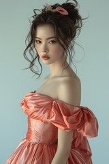 Young fashionable Asian woman in a stunning pink dress with trendy makeup posing on a white background, showcasing elegance and glamour in a modern fashion shoot