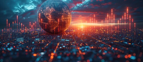 Wall Mural - digital globe over illuminated cityscape