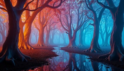 Poster - A mystical forest with a stream, lit in warm orange and cool blue light.