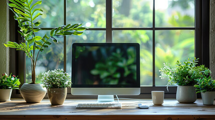 bright home office setup with monitor and lush indoor plants by the window