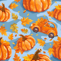 Wall Mural - Vintage car with pumpkins on the roof surrounded by autumn leaves and flowers on a blue background. Concept of fall season and harvest