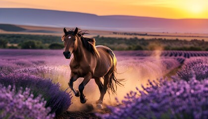 Cinematic sunset landscape with wild horses galloping through a lavender field, embodying freedom and adventure in vibrant springtime beauty