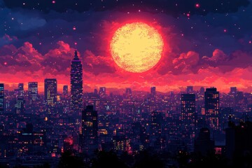 Poster - Neon Nights: Retro City Skyline with Pixelated Stars and Towering Skyscrapers in 16-Bit Style Amid Dark Tones and Copy Space