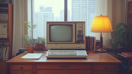 Vintage computer on a desk in a home office.