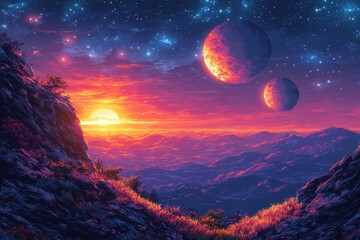 Wall Mural - Pixelated Alien World: Retro Sci-Fi Landscape with Glowing Flora, Twin Moons, Vibrant Colors in 16-Bit Style