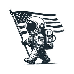 cute astronaut holding an us america flag. black white vector. icon and logo illustration.