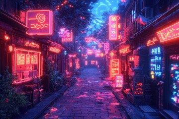 Poster - Retro-futuristic Cyberpunk Alley with Pixelated Neon Signs and Vibrant 16-Bit Hues in Clean Design