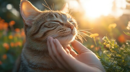 Hands petting a cat, focusing on the cat’s content expression and soft fur