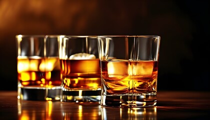 Wall Mural - Amber spirits in elegant glasses reflecting warm hues against a dark backdrop, celebrating Irish culture and the rich essence of whiskey, scotch, and bourbon