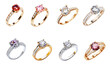 © Paula CC. - Collection of different diamond rings with rose, gold, and silver bands on a transparent background showcasing luxury and craftsmanship, PNG, isolated on a transparent background