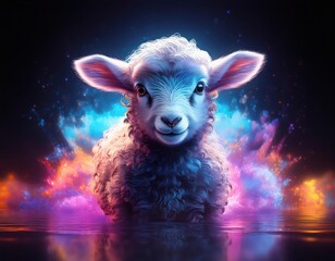 Generated image of a baby sheep standing in water. Black background and surrounded by an explosion of colors. 