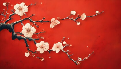 Wall Mural - Elegant traditional Chinese plum blossoms on vibrant red background, embodying Asian beauty for festival posters, greeting cards, or cultural event backdrops