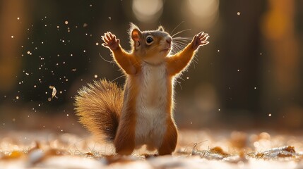 Wall Mural - A squirrel is standing in the snow with its arms raised in the air. Concept of joy and playfulness, as the squirrel seems to be celebrating or expressing happiness