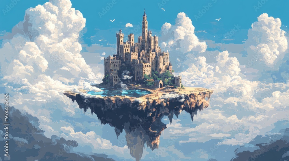 Fantasy pixel art of a medieval castle on a floating island in the sky ...