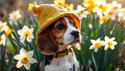 Wall Mural - Charming beagle puppy in a yellow hat surrounded by blooming daffodils under the warm sunlight, celebrating the essence of spring and Easter joy