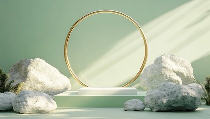 Canvas Print - A white podium with a golden ring surrounded by rocks on a green background.