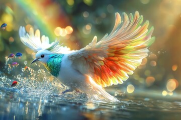 A white bird with vibrant rainbow colored wings takes flight from a body of water, with a cluster of multi-colored fish swimming in front of it.