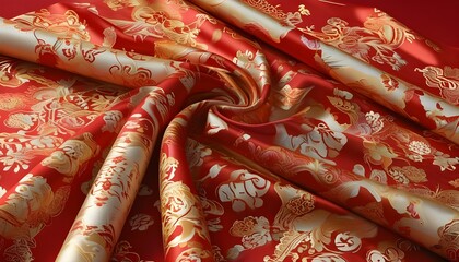 Opulent fabric rolls adorned with intricate golden patterns on deep red, embodying traditional Chinese textile artistry for cultural events and fashion design