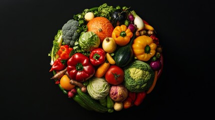 Assorted colorful vegetables arranged in a circular shape on a dark background. Healthy eating and nutrition concept