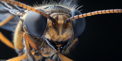 Ultra-close macro shot of a gnat's head with sharp focus on antenna and detailed compound eyes