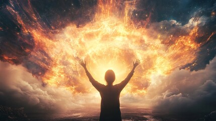 Woman raising her hands to heaven with universe explosion background