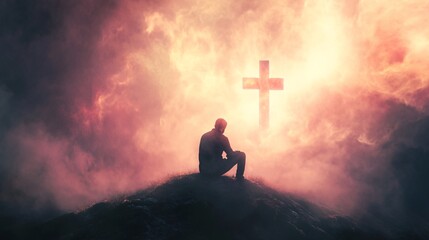 Wall Mural - Man sitting on hilltop contemplating glowing cross in cloudy sky