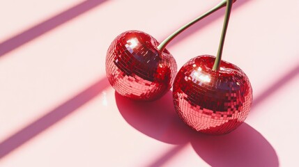 Wall Mural - Disco ball cherries on pink background