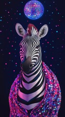 Wall Mural - zebra with sequin jacket under disco ball, vibrant nightlife concept