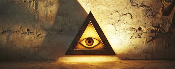 Illuminati symbol with eye on ancient wall, mysterious atmosphere. Conspiracy and secrecy concept