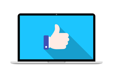 Laptop computer with hand like icon in flat design. Notebook with thumb up concept