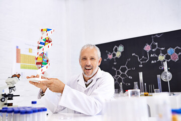 Poster - Mature man, scientist and DNA in portrait, lab and happy with model for biohacking research at pharma company. Person, molecule and study for human genome with pride, excited and particles in Germany