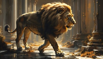 Wall Mural - CyberRenaissance lion wandering through a vivid digital landscape with rich brown and gold tones