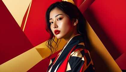 Wall Mural - Modern Elegance: A Beautiful Japanese Woman Surrounded by Geometric Red and Gold Designs in High-Contrast Fashion Photography Style