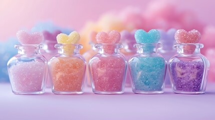 Wall Mural - Colorful sugar hearts in bottles close up on pink and purple background