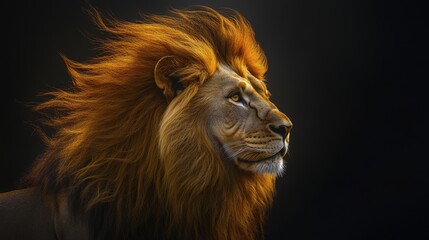 Majestic lion with golden mane in profile against dark background, wildlife and strength concept