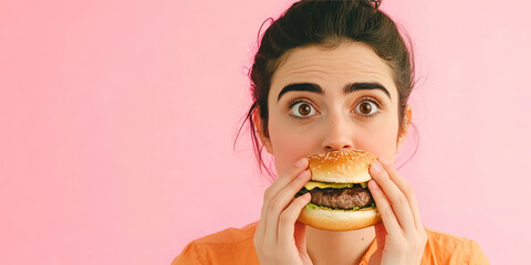 Close-up portrait of a young woman eating burger.