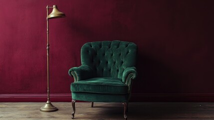 Wall Mural - A well-worn, deep green velvet armchair from the Edwardian era, framed against a rich burgundy wall with an antique brass floor lamp nearby