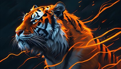 Wall Mural - Cybernetic tiger radiating with glowing orange and black lines in a dynamic digital realm