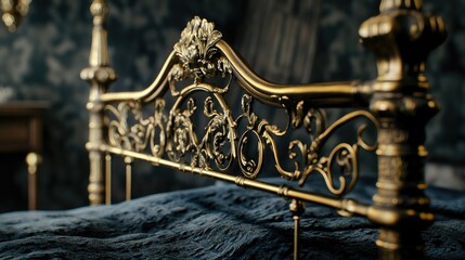 Antique brass bed frame with intricate details,