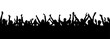 © Amina - Crowd people cheering, cheer hands up. Applause audience. Spectators theater. Cheerful mob fans applauding, clapping. Party, concert, sport. Vector silhouette