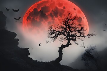 A silhouette of a gnarled tree on a cliffside with fog rolling in and bats flying, AI Generated