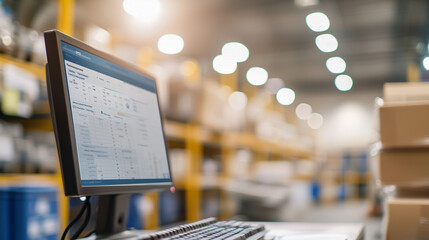 A close-up of a computer screen showing inventory management software, set in a busy storage room filled with supplies and equipment. photo