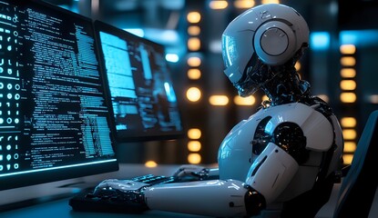 A futuristic white humanoid robot working on a computer.