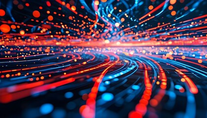 Wall Mural - Dynamic interplay of red and blue lights on a high-resolution background with a bokeh effect, showcasing pixelated data streams for a futuristic vision of technology and innovation