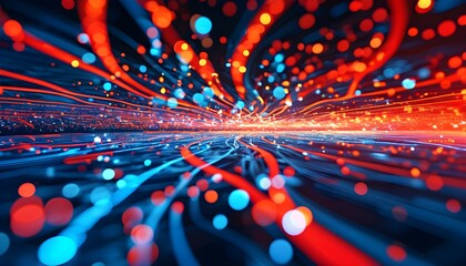 Wall Mural - Dynamic interplay of red and blue lights on a high-resolution background with a bokeh effect, showcasing pixelated data streams for a futuristic vision of technology and innovation